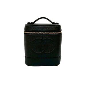 CHANEL Black Caviar Leather Logo Vanity Bag